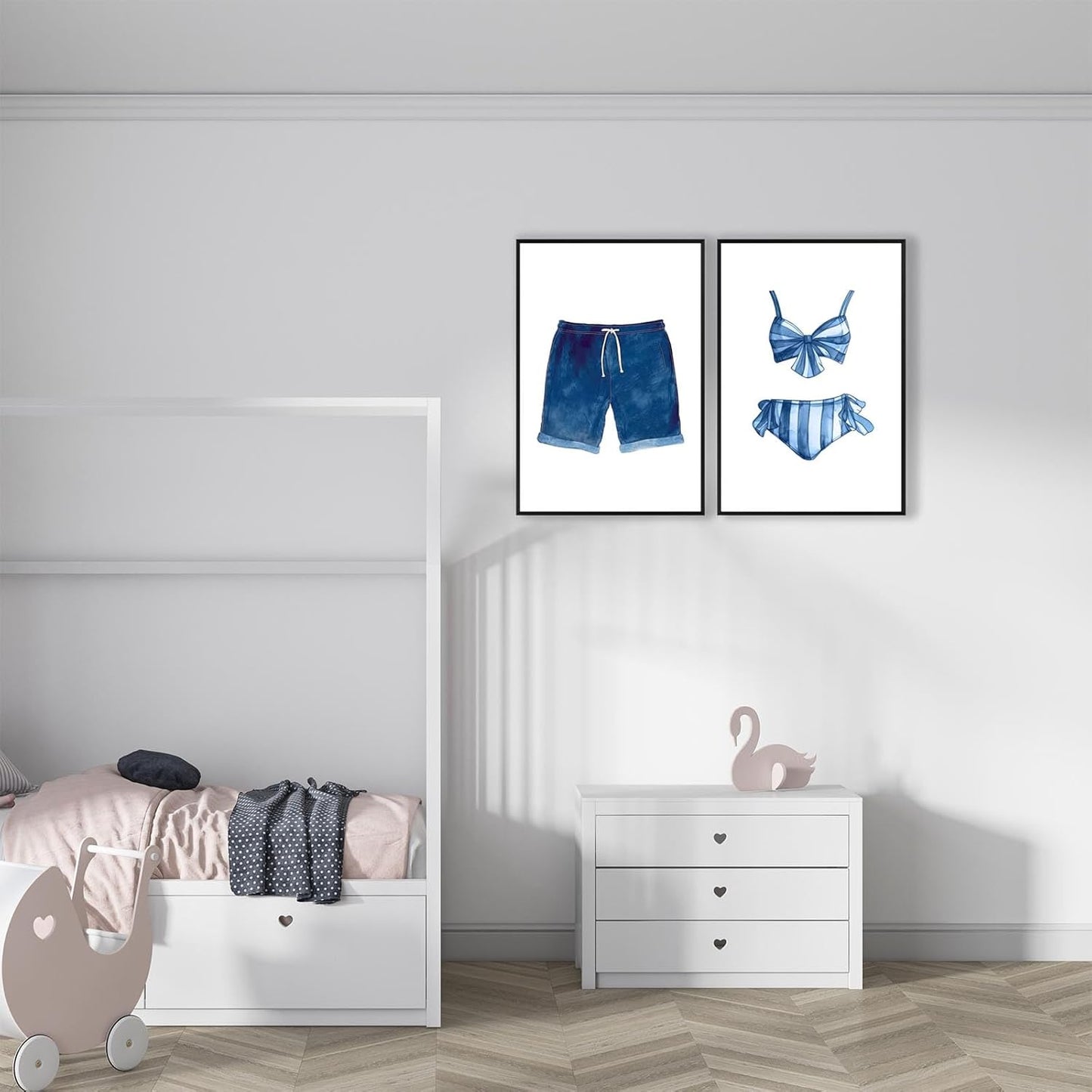 Liyark Set of 2 Retro Navy Blue And White Swimsuit Art Posters Beach Bathing Suit Prints Painting Beach House Wall Art Coastal Wall Decor Pictures For Bathroom Home Decoration 16x24in Framed