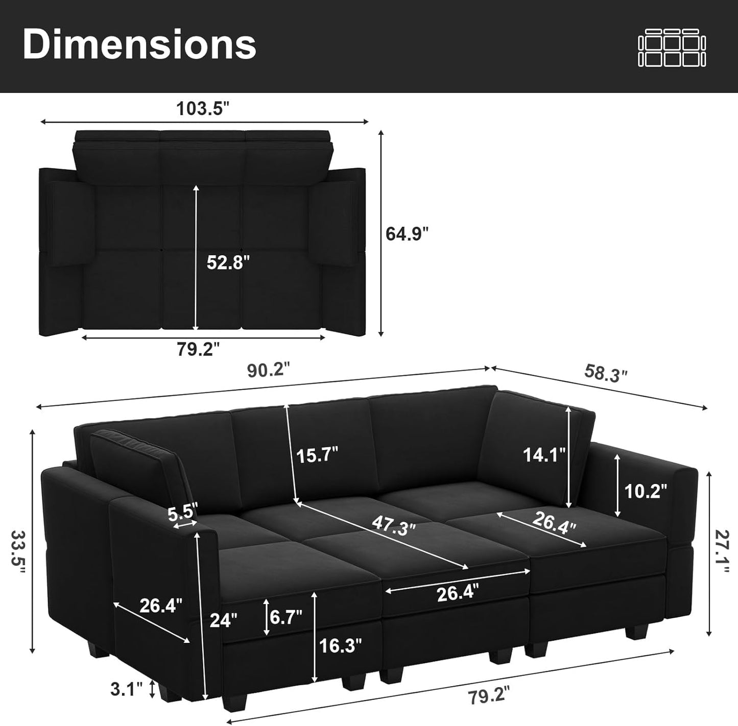 Belffin Modular Velvet Sectional Sofa with Chaise Lounge Sectional Sleeper Sofa with Storage Chaise Sofas Bed Couch for Living Room Black