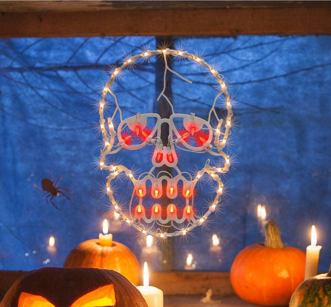 13.3" Lighted Skull Halloween Window Silhouette Decoration,Halloween Lighted Window Decoration,Hanging Light Up Holiday Ornament (Skull Light)