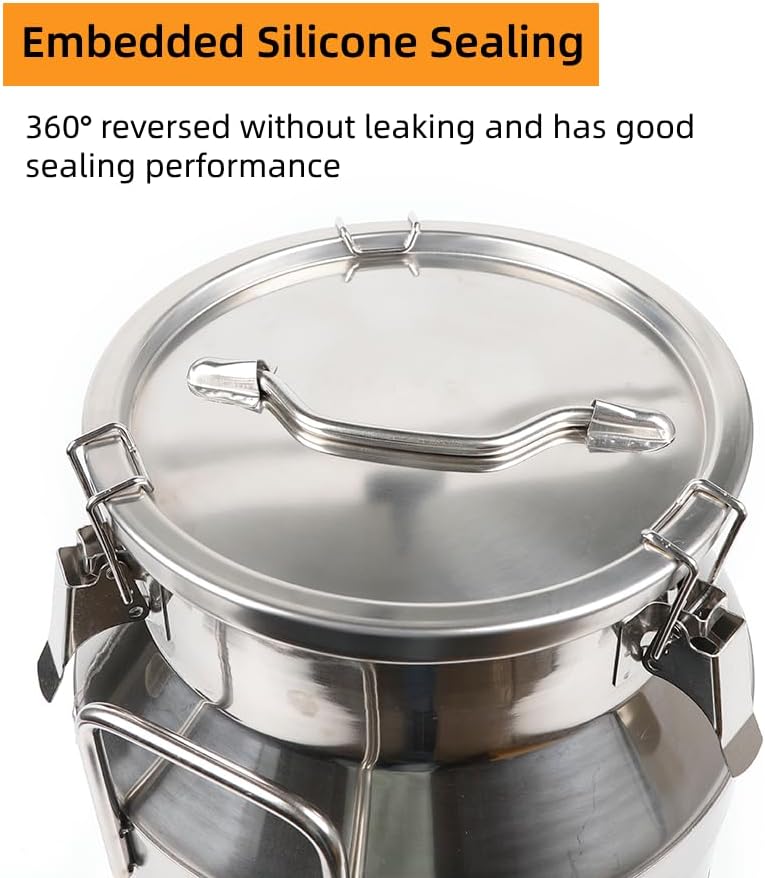Stainless Steel Milk Can, 60L/15.9 Gallon Heavy Duty Airtight Storage Canister Milk Bucket with Lid, Embedded Silicone Milk Jug Wine Pail Water Cereals Bucket with Three Latches and Two Handles