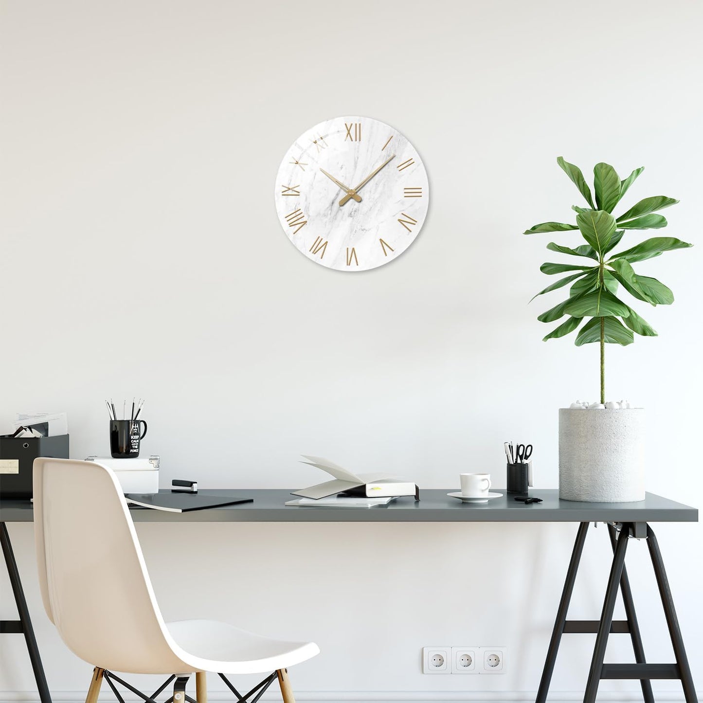 White Marble Large Clocks for Living Room Round Glass Wall Clock Battery Operated 16 Inch Silent Wall Clock Non Ticking