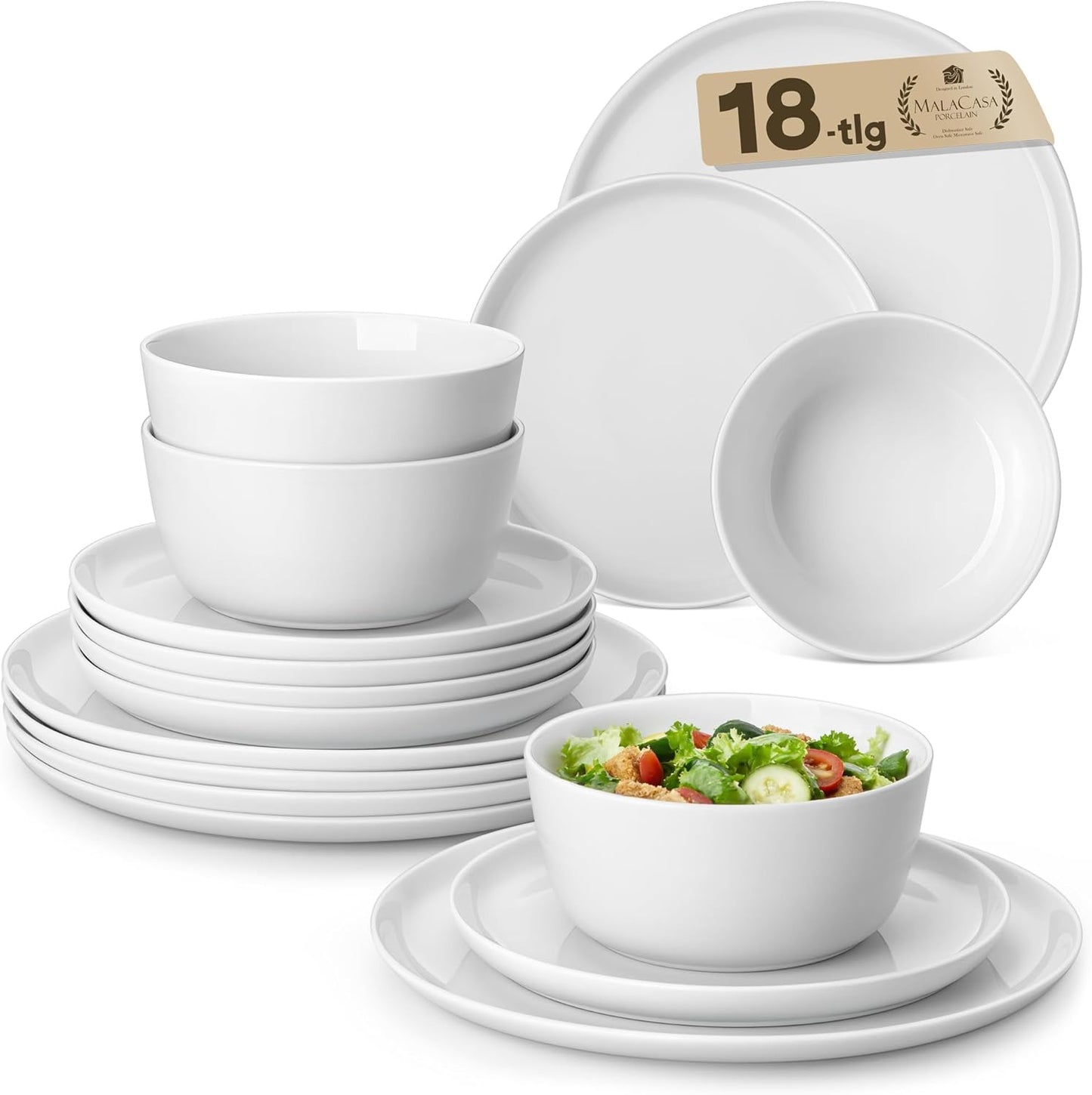 MALACASA 18 Pieces Gourmet Porcelain Dinnerware Sets, Premium Plates and Bowls Set, High-Fired Ceramic Dishes Set for 6, Chip & Scratch Resistant, Microwave Dishwasher Safe, White, Series LEXI