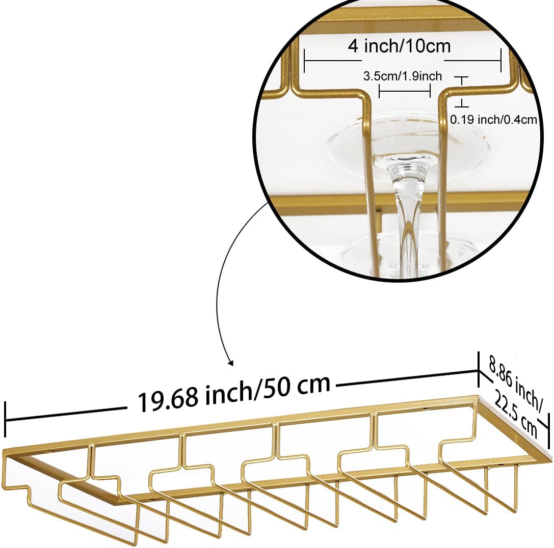 Wine Glass Rack - Under Cabinet Stemware Wine Glass Holder Glasses Storage Hanger 1 Pack Metal Organizer for Bar Kitchen 5 Rows Gold