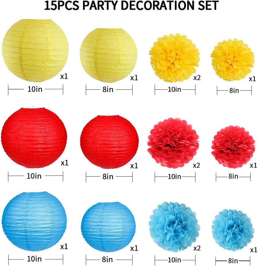 Carnival Circus Party Decorations, Red Yellow Blue Paper Lanterns and Pom Poms Flowers for Birthday Party Baby Showers Carnival Theme Rainbow Party Decor 15PCS