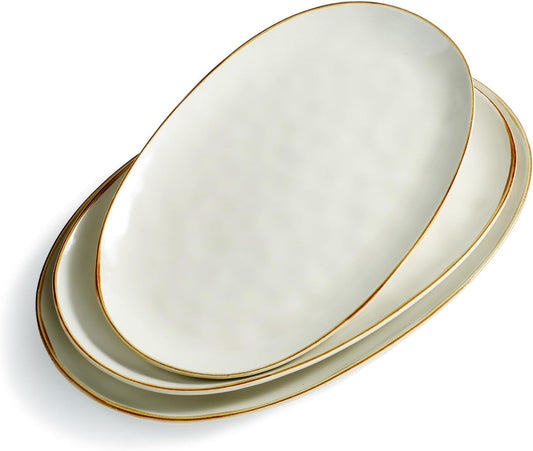 famiware Serving Platter, Oval 15.59/14.3/12.9inch Serving Dishes for Entertaining, Serving Bowls, Microwave Safe, Stoneware Serving Trays for Party, Food, Turkey, Cheese, Ocean Series, Vanilla White