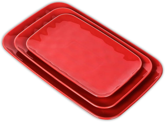 Vicrays Ceramic Rectangle Serving Platters - 14" 12" 10" Porcelain Serving Trays Plates for Party BBQ Appetizers Sushi Dessert - Microwave Oven and Dishwasher Safe - Set of 3 Red