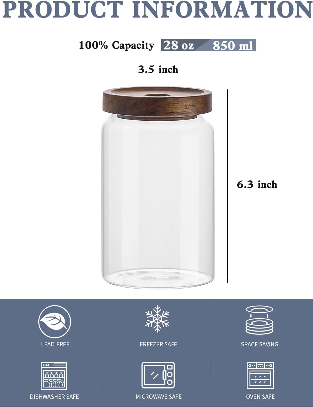 Kanwone Glass Storage Containers Set of 6, 28 Ounce Airtight Food Storage Containers with Bamboo lids, Clear Glass Jars for Pantry, kitchen, Flour, Sugar, Tea, Coffee, Snack, Cookies, Spice and Herbs