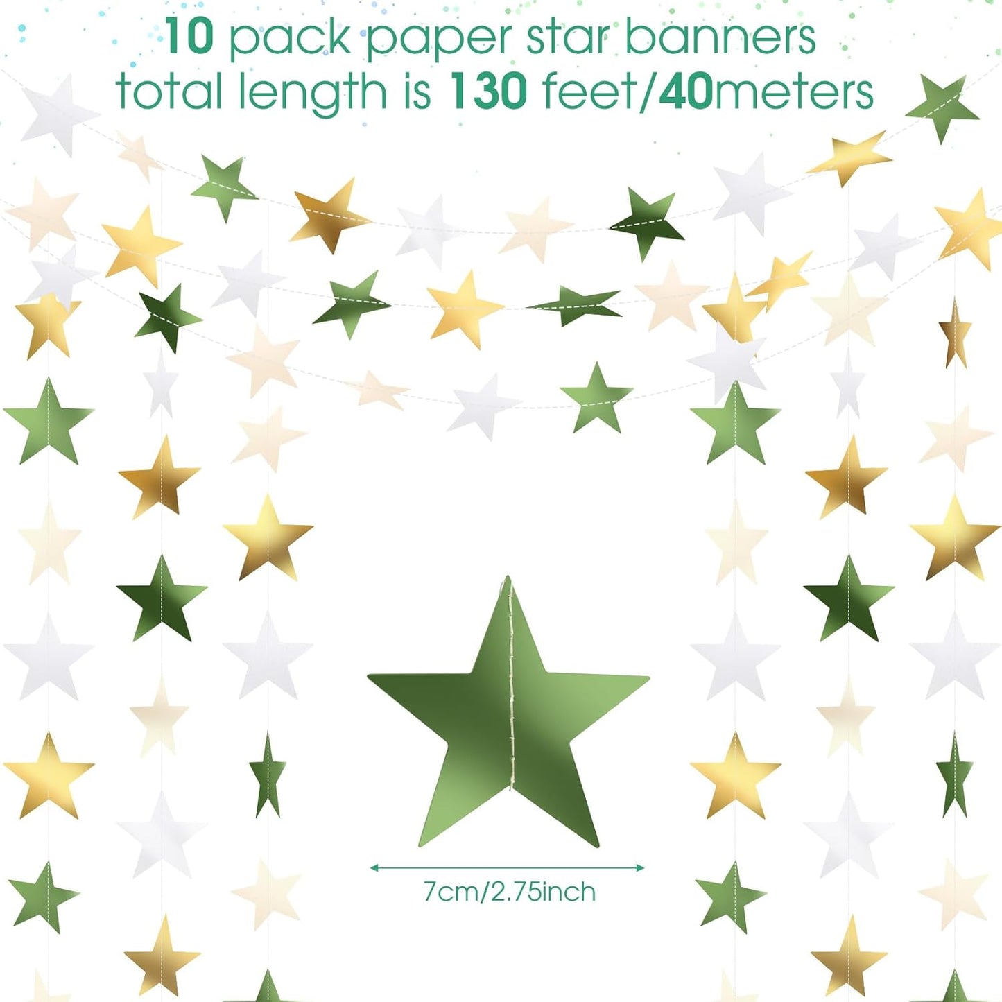 Patelai Glitter Star Garland Banner Decor 130 Feet Star Hanging Bunting Banner Twinkle Backdrop for Homecoming Classroom Wedding Birthday Halloween Christmas Party Supplies(Sage Green, Gold, White)