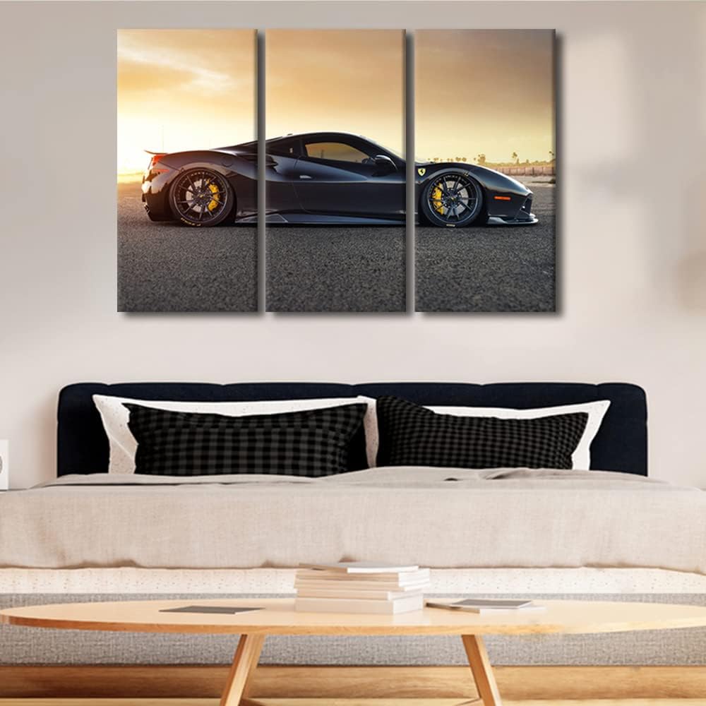 TUMOVO Car Poster Wall Art for Living Room Black Sports Car at Sunset Canvas Wall Art Speed Racing Cars Contemporary Wall Art Prints Modern Artwork Ready to Hang for Boys Bedroom Office, 36" Wx24 H