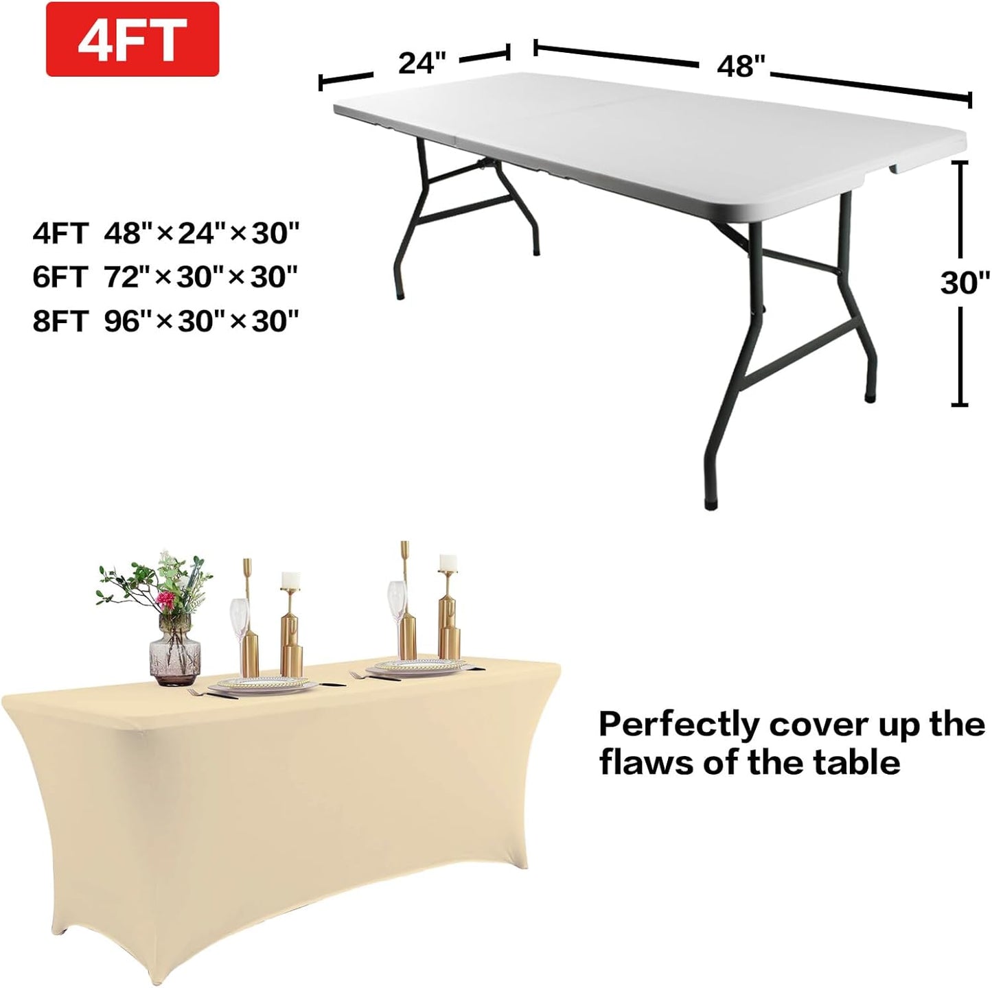 IVAPUPU 2 Pack 4FT Table Cloth for Rectangular Fitted Events Stretch Champagne Table Covers Washable Cover Spandex Tablecloth Protector for Party, Wedding, Cocktail, Banquet, Festival