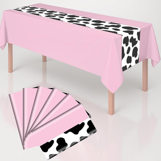 6 Pack 108 x 54 Inch Cow Print Tablecloth Cow Plastic Table Cover Birthday Party Table Cloth Disposable Plastic Farm Animal Party Cover for Disco Cowgirl Decorations Supplies Pink