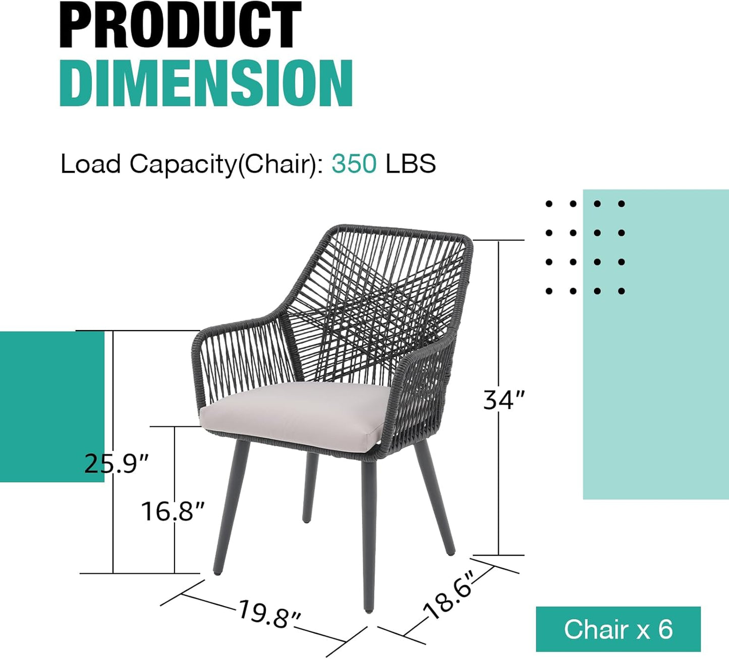 Patiorama Patio Dining Chair Set of 6, Woven Rope Outdoor Dining Chairs w/Steel Frame, All-Weather Twisted Rattan Chairs w/Armrest & Cushion, Outdoor Dining Wicker Chairs for Backyard Garden(Black)