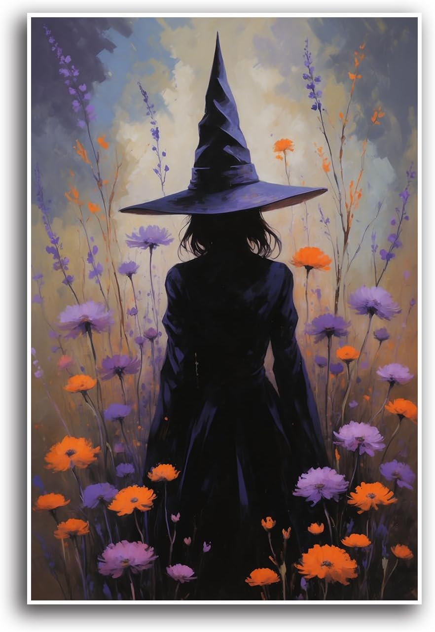 JFHCQJPK Country wildflower witch canvas print halloween mashup art witch purple decoration bohemian elegant art poster12x16in Frameless