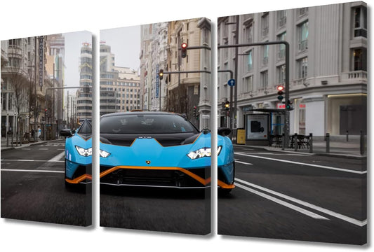 TUMOVO Canvas Art Wall Decor Sports Car on the Street Bedroom Wall Art Pictures for Living Room Super Car Wall Painting 3 Pieces Downtown Modern Wall Art Stretched and Framed Ready to Hang 36" Wx24 H