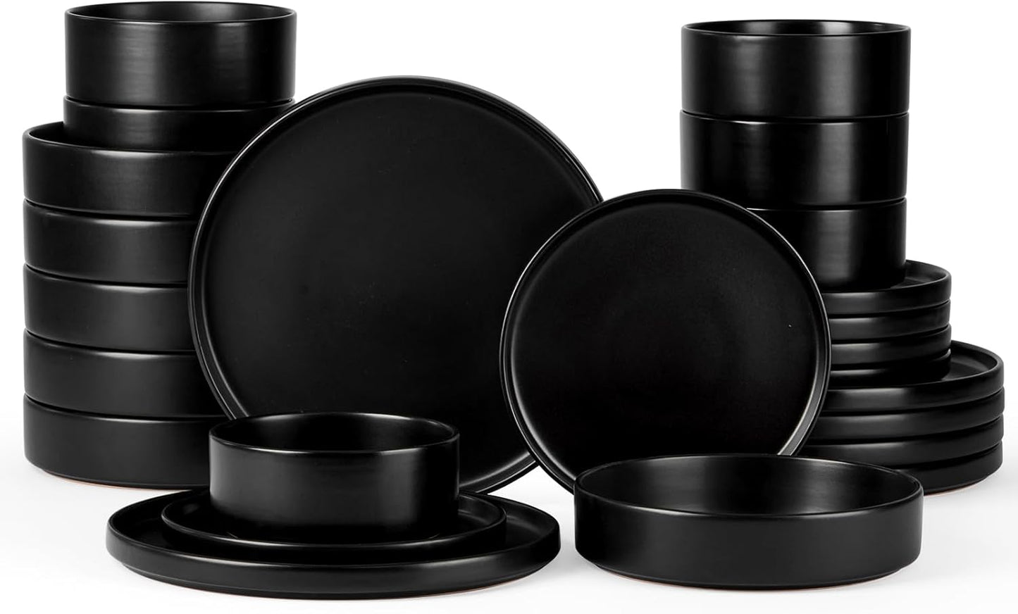 Onader 24 Piece Stoneware Dinnerware Sets with Pasta Bowls, Kitchen Dinner Dishes Set for 6, Plates and Bowls Dishware Dining Ware - Ebony Black