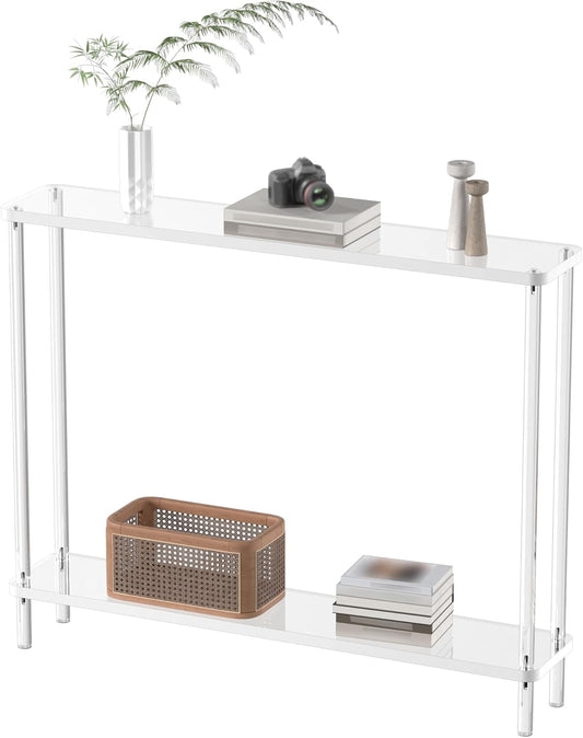 Acrylic Narrow Console Table for Entryway, 7.6" D x 39.4" W x 31.5" H, Cylindrical Legs, Skinny Entry Table for Sofa, Foyer, Hallway, Living Room, Modern, 2-Tier, Clear