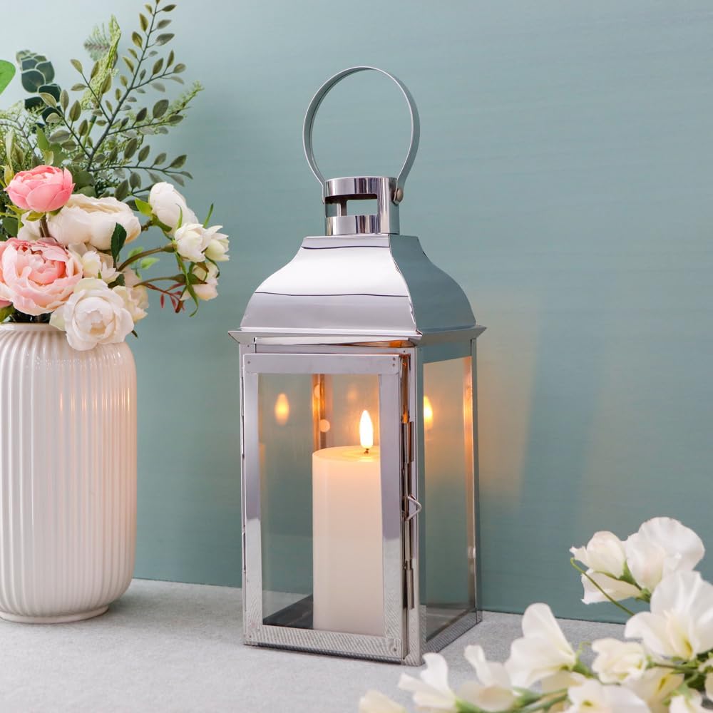 JHY DESIGN Silver Decorative Lanterns 12.5''High Stainless Steel Candle Lanterns with Tempered Glass for Indoor Outdoor Events Parities and Weddings Vintage Style Hanging Lamps