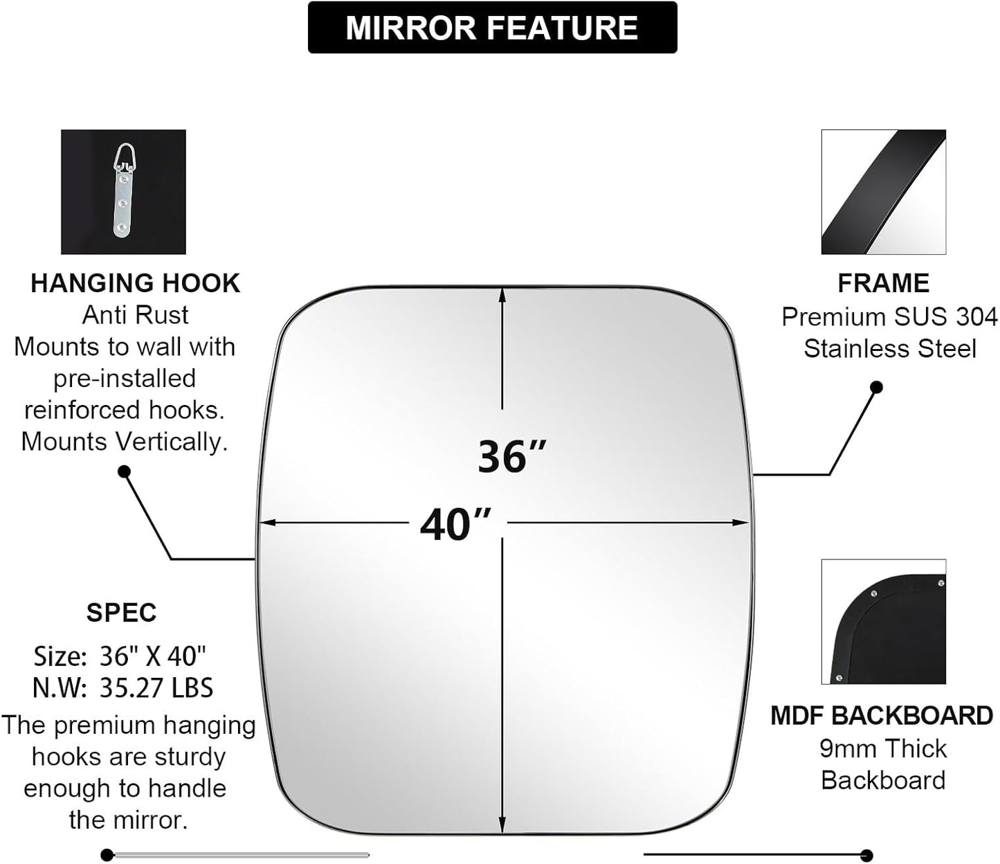 ANDY STAR Chrome Oblong Mirror, 36x40 Inch Polished Chrome Oval Mirror for Bathroom with Stainless Steel Metal Frame, Wall Mouned for Bathroom, Living Room, Entryway