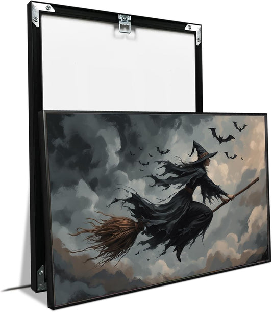 JFHCQJPK Witch and bat flying Halloween poster suitable for home party wall decoration retro Halloween preppy style wall art canvas print suitable for room decoration12x16in Metal blackFramed