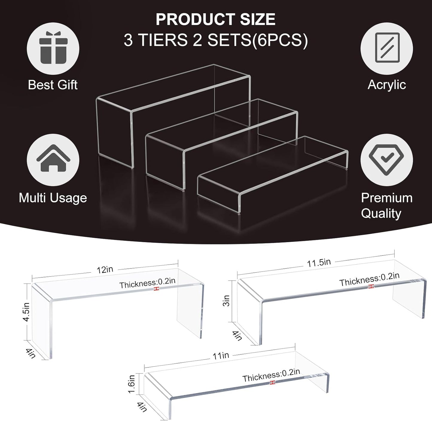 Acrylic Display Risers,12'' Large Display Stands, Thickened to 0.2''(5mm) Stackable Acrylic Shelves for Perfume Display, Clear Risers for Cupcake Stand,Pop Figurines,Tumbler,Food (Clear, 6PCS)