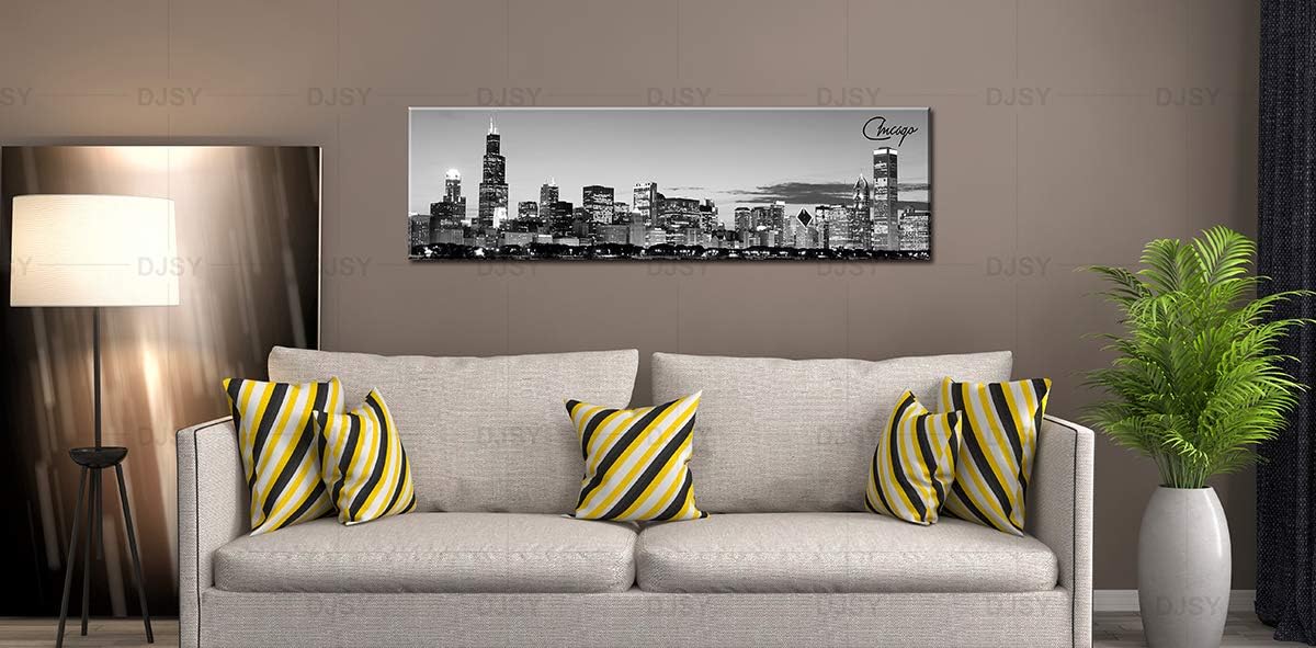 DJSYLIFE Chicago Skyline Wall Art - Black and White Modern Panoramic Cityscape Night View Picture Painting Bedroom Office Living Room Kitchen Home Decoration - Ready to Hang 13.8 "x 47.3" - Chicago 2