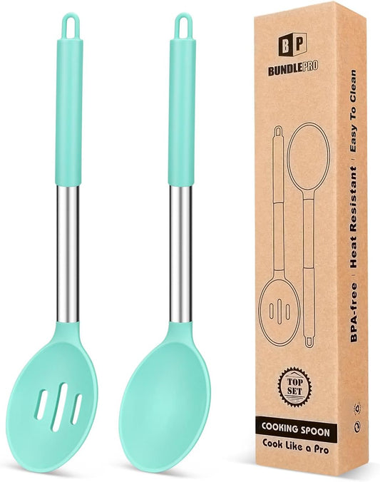 Pack of 2 Large Silicone Cooking Spoons,Non Stick Solid Basting Spoon,Heat-Resistant Kitchen Utensils for Mixing,Serving,Draining,Stirring (GREEN)