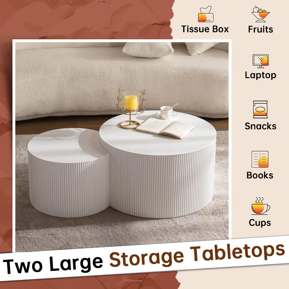 Round Nesting Coffee Table Set of 2 Modern Cream Fluted Coffee Table Small Round End Table Crescent Side Table Circular Coffee Tables Nested Coffee Tables for Living Room (Cream Large)