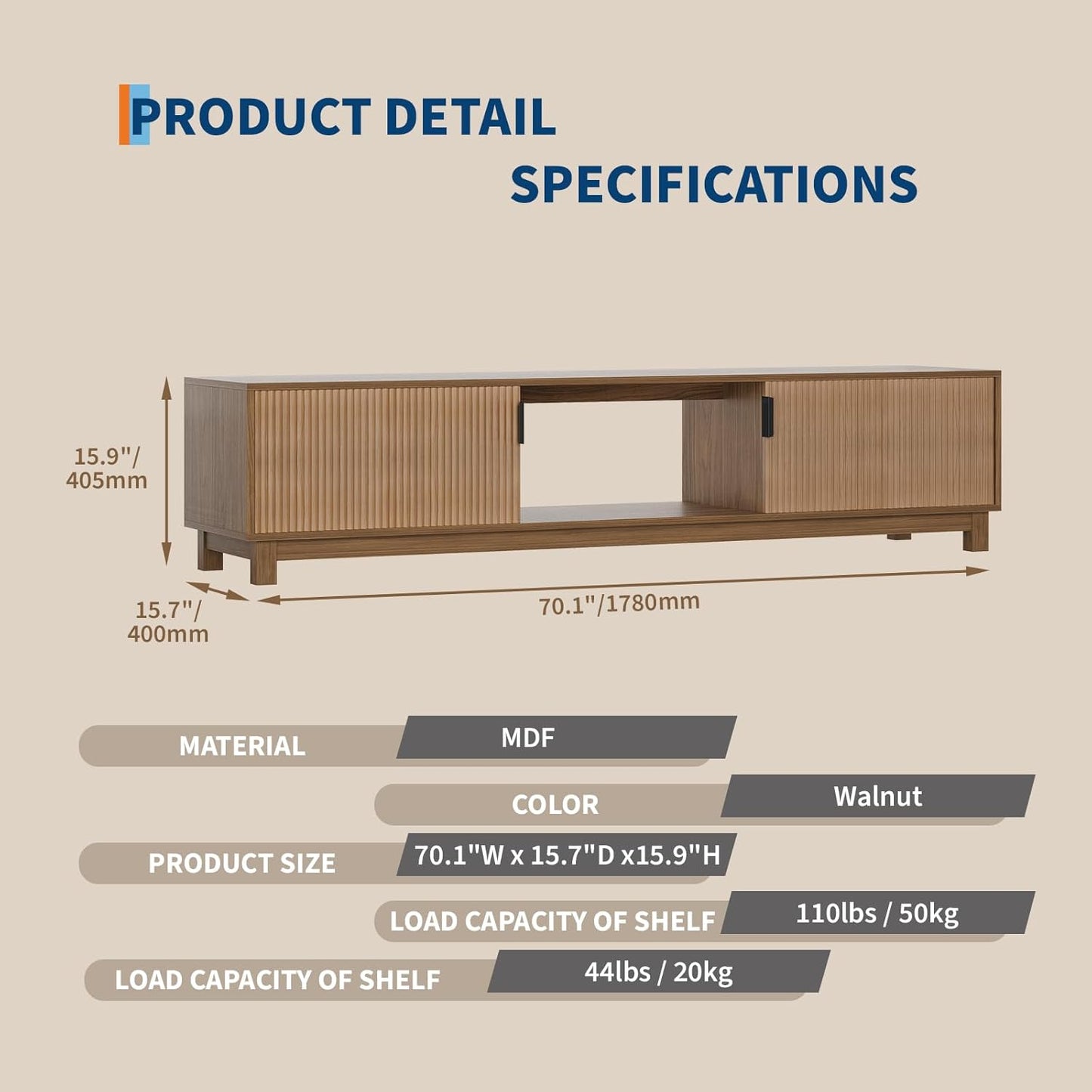 GarveeHome 70" Long TV Stand for Living Room, Mid Century Modern Entertainment Centerfor TVs Up to 80 Inches, TV Console with Fluted Doors & Open Storage Compartment for Livingroom Bedroom- Walnut