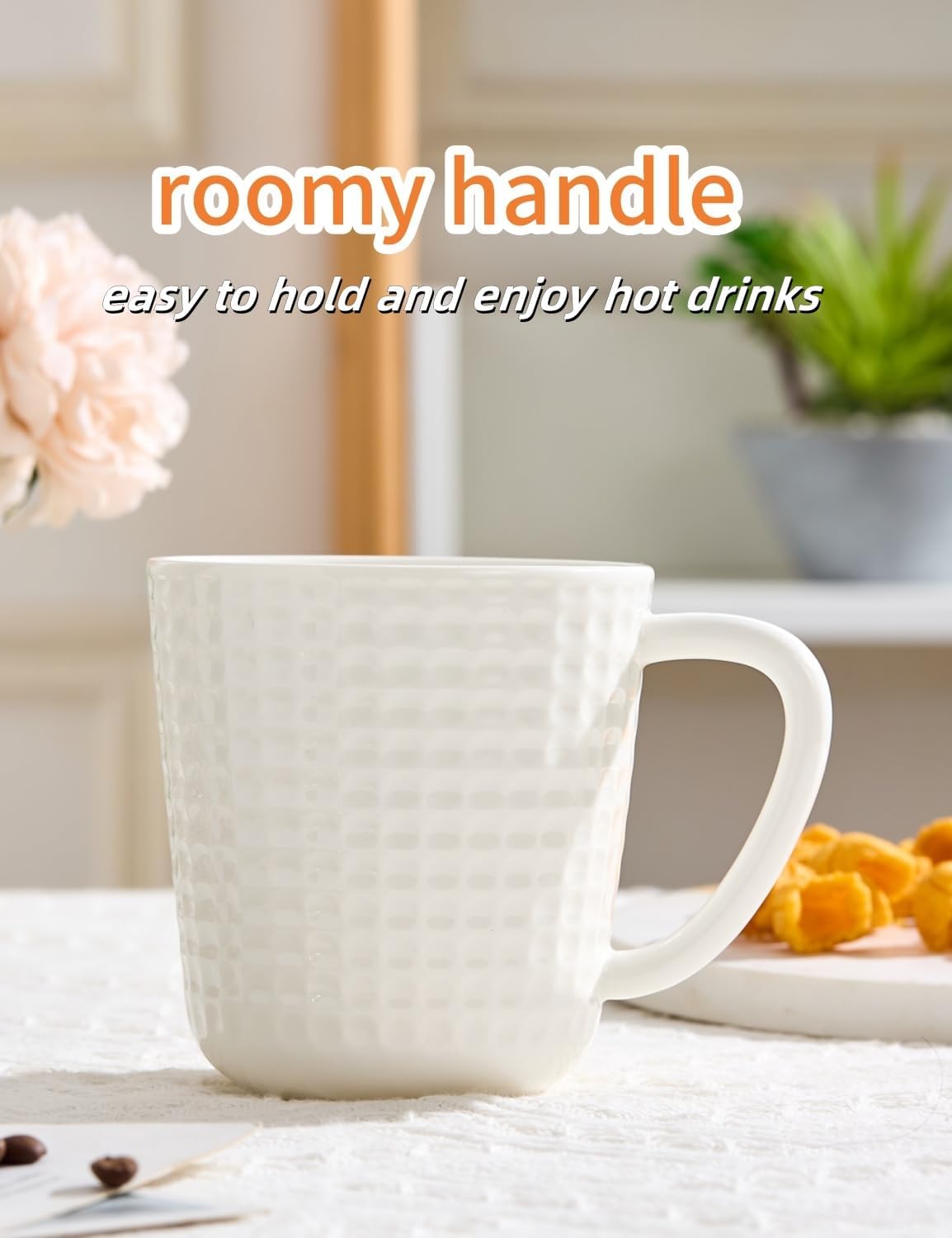 Ceramic Coffee Mugs 15 oz, Large Waffle Embossed Mug Set, Coffee Cups for Latte, Cappuccino, Cocoa, Tea, Mocha, Milk, Housewarming Wedding Present,Microwave & Dishwasher Safe - Set of 4 (White)