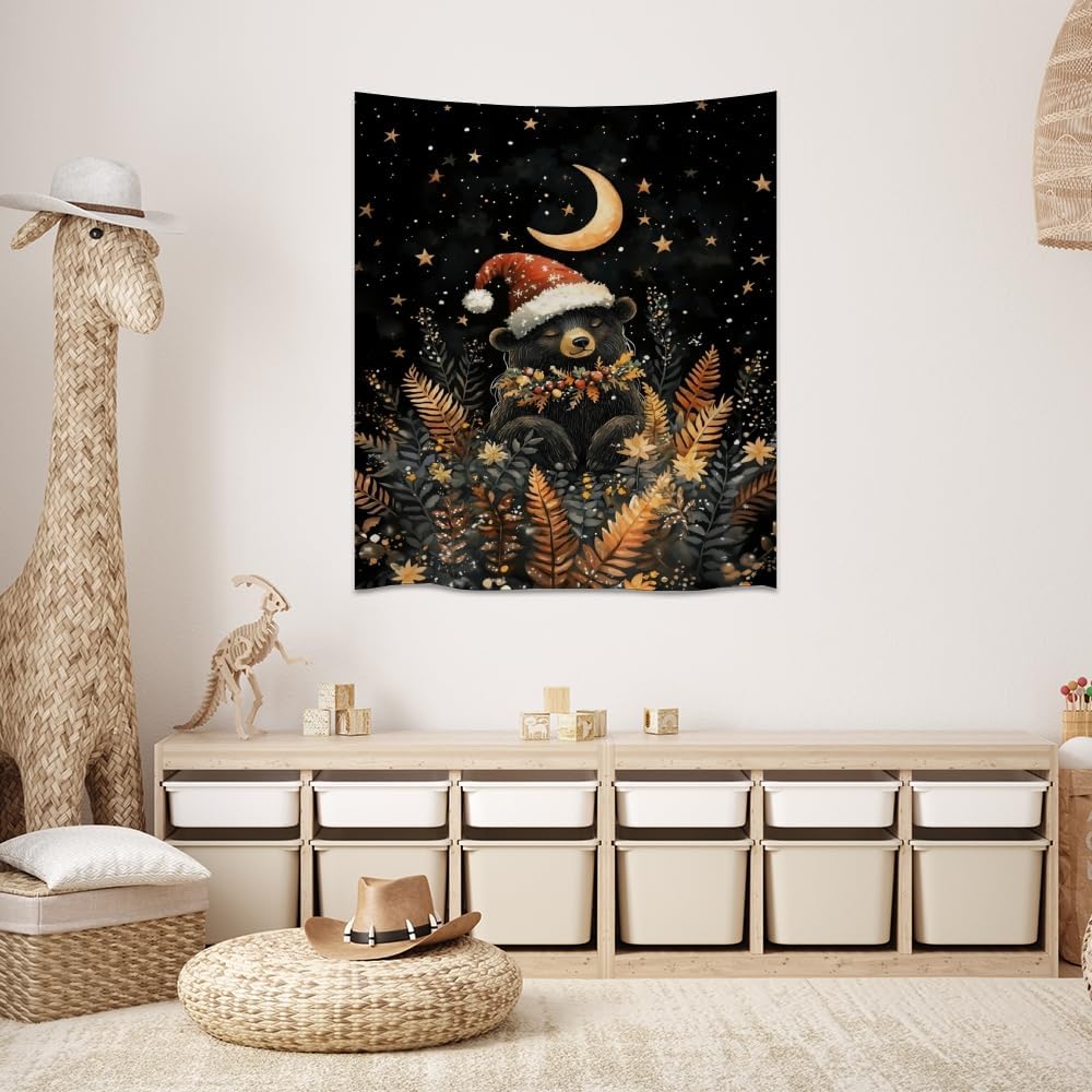 Whimsical Christmas Tapestry Moon Stars Dark Aesthetic Wall Hanging Decor Cute Bear Tapestries for Kids Room Decoration Funny Christmas wall art for Bedroom Dorm Living Room 70x90inch