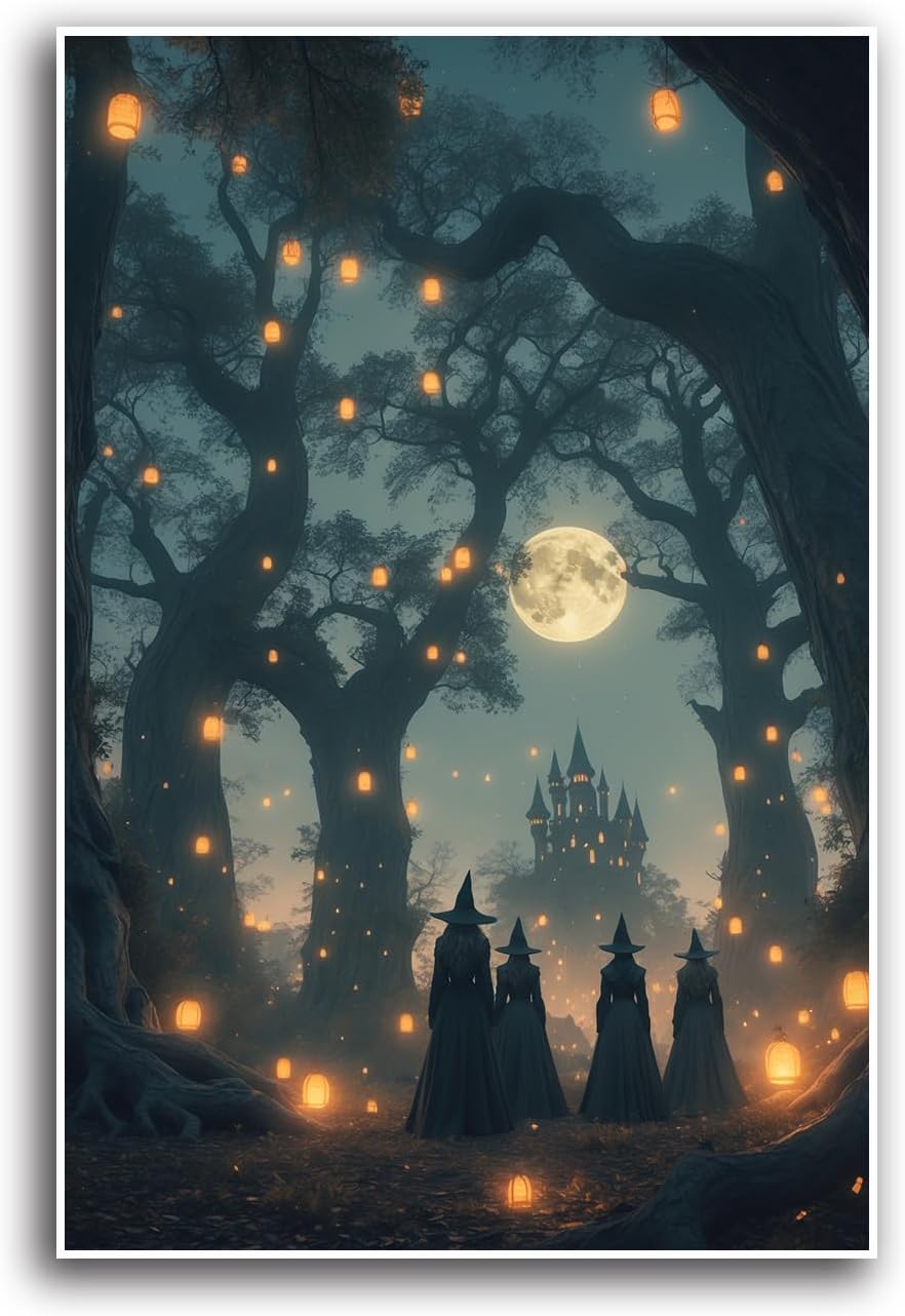 JFHCQJPK Mysterious creek painting witch and castle in magic forest art print canvas gothic print dark college decoration poster for home bedroom20x30in Frameless