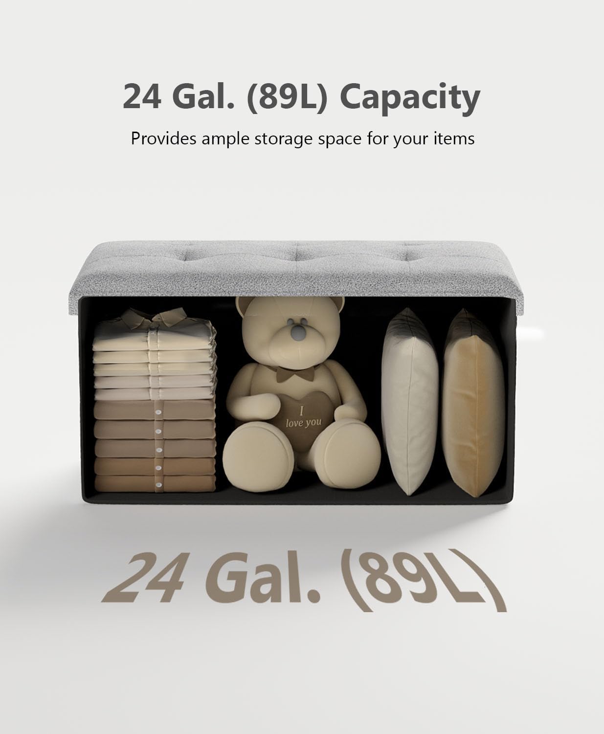 Storage Ottoman Bench, Folding Ottoman Foot Rest, 15 x 30 x 15 Inches, End of Bed Bench, Storage Chest, for Living Room, Bedroom, Hallway, Entryway, Light Gray