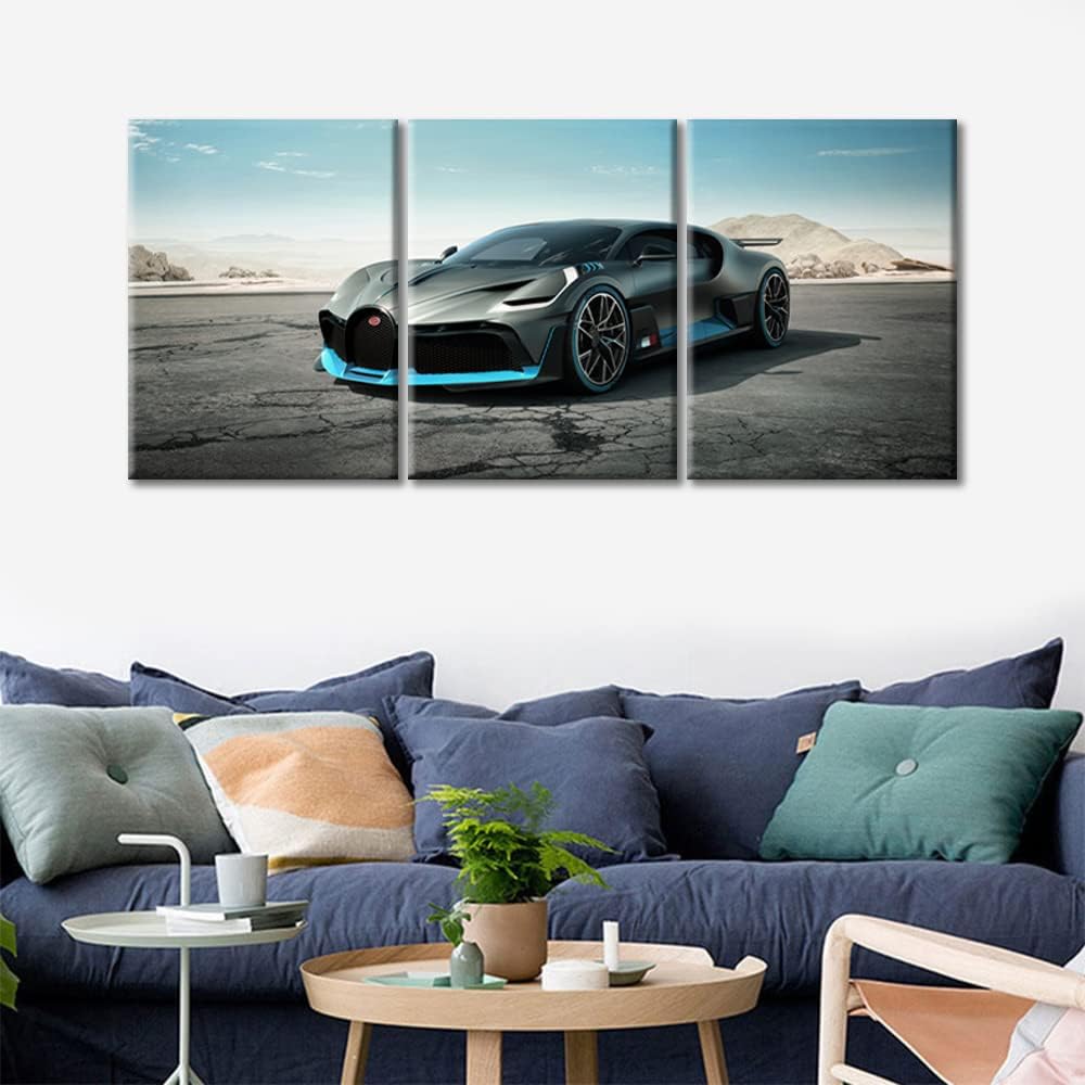 Gray Sports Car Canvas Wall Art for Living Room Home Decor Supercar Speed Car Poster Prints on Canvas Blue Sky Wall Decorations for Men Boys Bedroom Bathroom Office Framed Ready to Hang, 36" Wx16 H