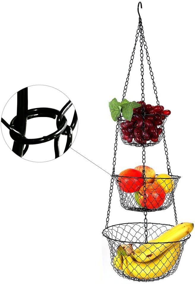 malmo 3-Tier Wire Fruit Hanging Basket, Vegetable Kitchen Storage Basket, Iron Wire Black (Basket2024)