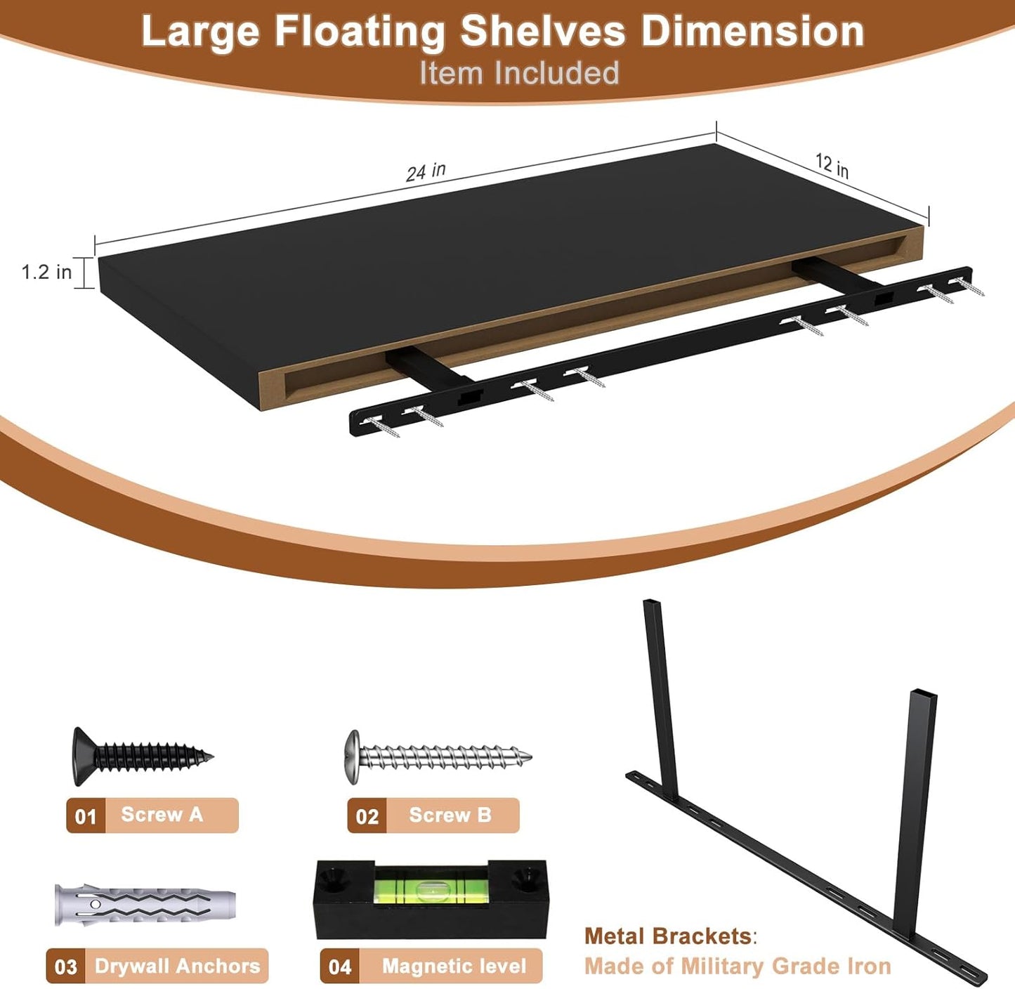 12 Inch Deep Floating Shelves for Wall 1 Pack Floating Shelves Large Storage Space Wall Mount Shelf for Living Room Kitchen Bathroom 24" W x 12" D x 1.2" H Black