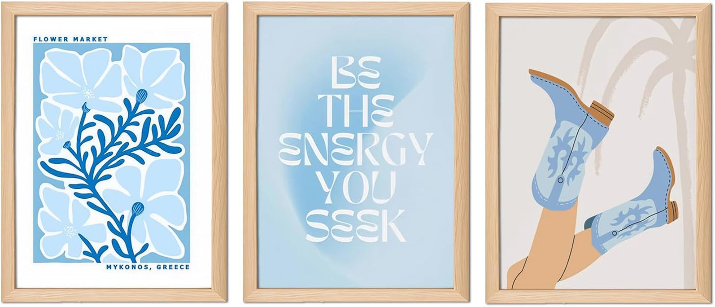 Blue Preppy Canvas Wall Art Set of 3 Trendy Cowgirl Boots Home Decor Flower Market Posters Prints Coastal Aesthetic Painting Picture for Girls Bedroom Bathroom Living Room Dorm 12x16Inch Wood Framed