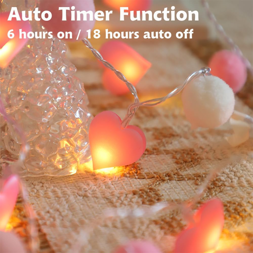 9.85Ft String Lights with 20 Pink Heart LEDs 20 Pink Pom Poms Garland Lights with Timer Valentine Decoration for Home Kid Bedroom Mother's Day Wedding Party Valentine's Day Decor