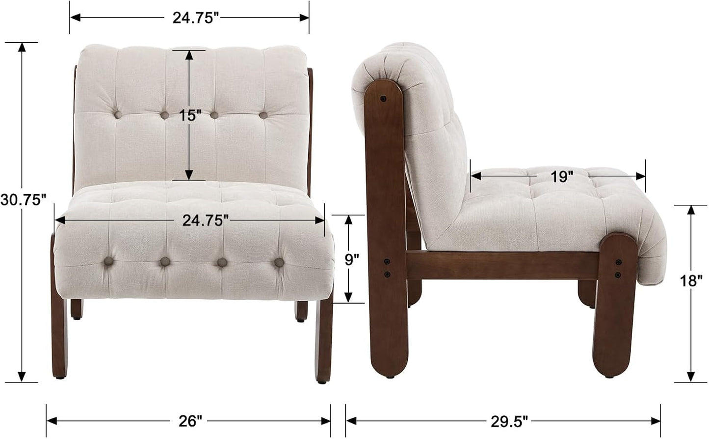 Modern Armless Accent Chair for Living Room, Soft Beige Linen Button Tufted Upholstered Lounge Reading Chair with Walnut Wood Frame
