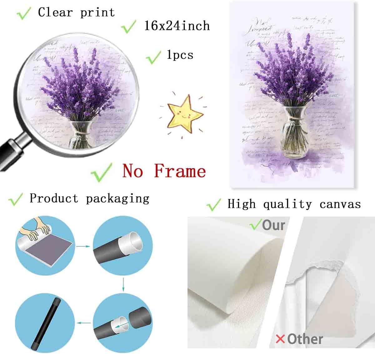 Lavender Wall Art Purple Flower Pictures Flowers In Vase Canvas Wall Art Country Floral Watercolor Flower Prints Rustic Floral Painting Plant Pictures Botanical Flower Prints Decor 16x24inch No Frame