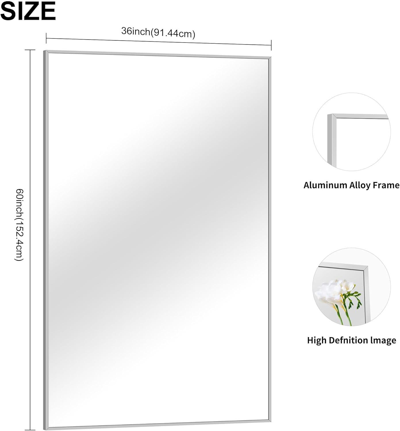 36x60inch Brushed Nickel Bathroom Mirror, Silver Rectangle Mirror with Frame, Large Rectangular Wall Mirrors for Bathroom, Living Roomm, Hair Salon, Big Mirror Hang Horizontal/Vertical