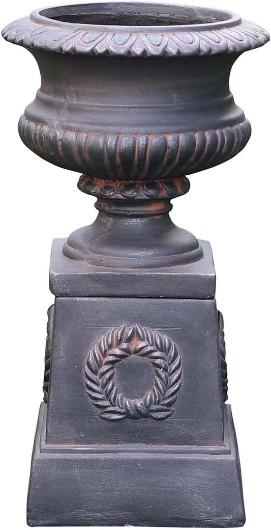 VISIBLE Classic Garden Urn Planter with Pedestal, Black Antique Finish, Cement Fiber Material, Decorative Leaf Pattern, 22 Inch Height, Indoor Outdoor Use, Delivered from Local Warehouse (Black)
