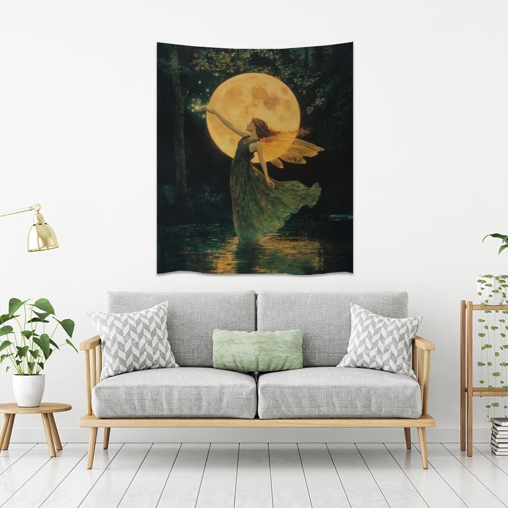 Whimsical Fairy Tapestry Fantasy Moonlight Fae Goddess Print Moody Gothic Aesthetic Wall Hanging Magical Forest Pictures Dark Cottage Witchy Tapestries for Girls Room Bedroom 70x90inch
