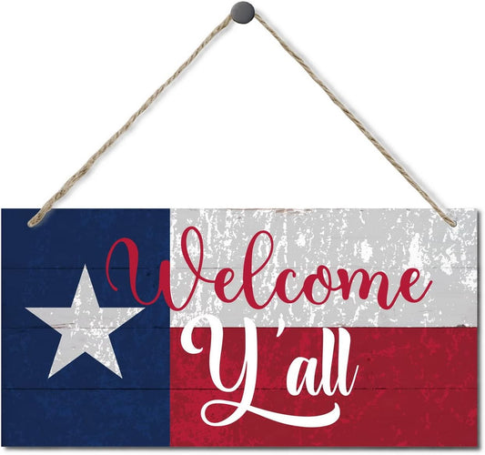 Welcome Y'all Decor Sign, Hanging Wood Sign Home Decorative, Printed Wood Wall Art Sign, Wooden Hanging Sign, Texas Flag Welcome Door Hanger, Welcome Sign for Front Door, Farmhouse Porch Decor 12*6in