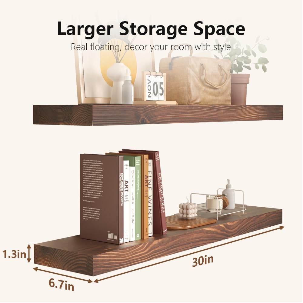 Habudda Floating Shelves Set of 2, Natural Pine Wood Shelf for Bathroom Bedroom Kitchen, 30 inch Long, Rustic Decor, Walnut