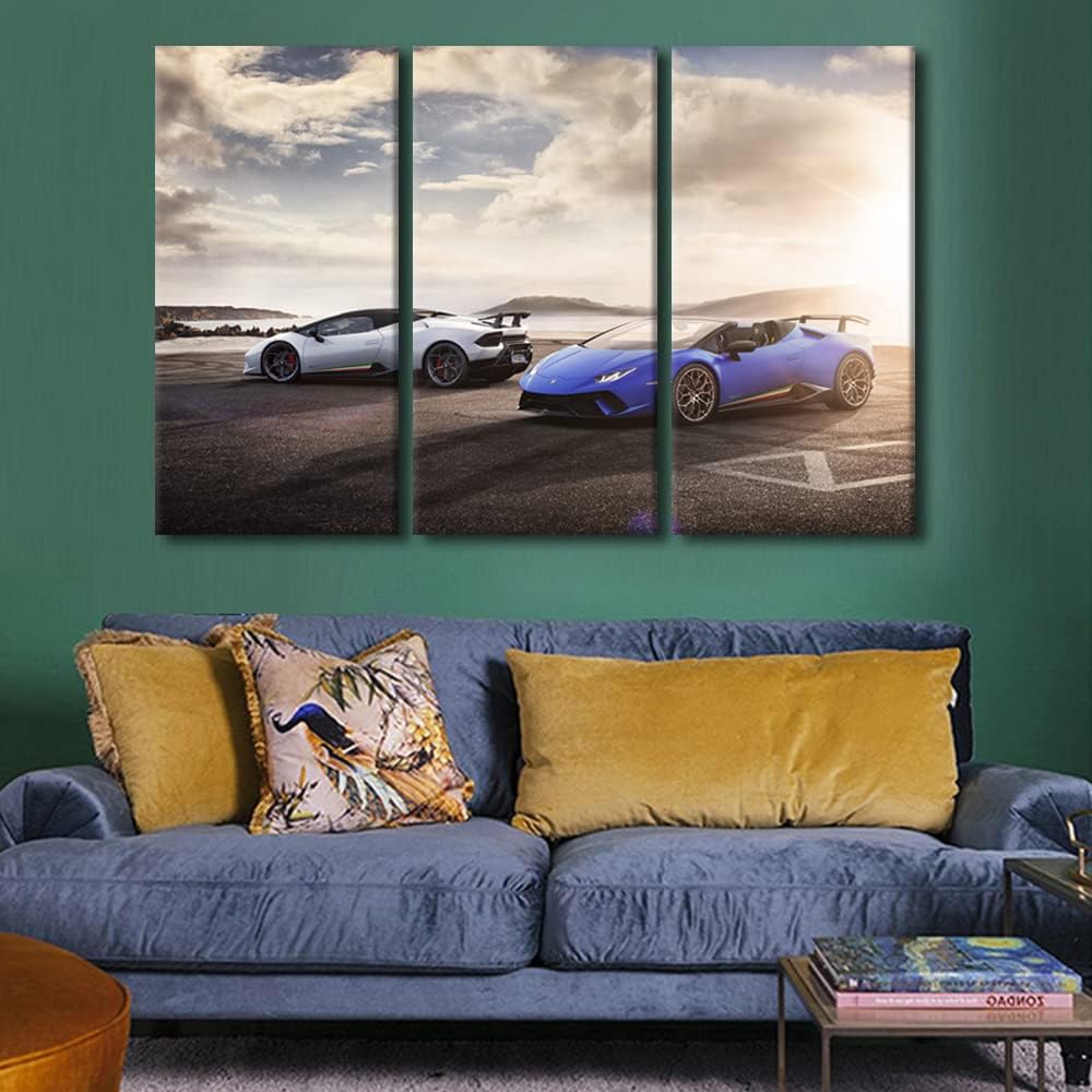 TUMOVO White Sports Car Canvas Wall Art Blue Super Car Posters & Prints Artwork Sunset Skyline Contemporary Home Decor Stretched Canvas Picture for Living Room Bedroom Home Office Decor, 42" Wx28 H