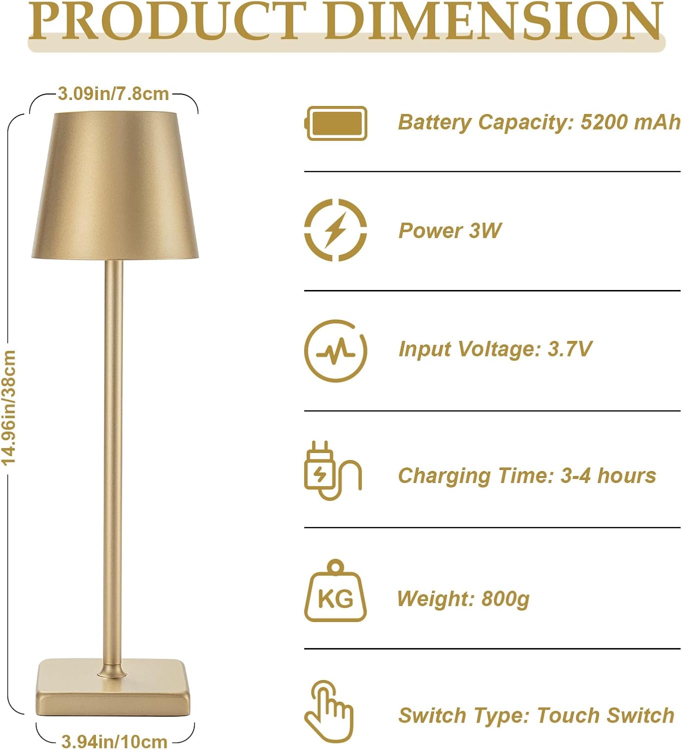 HASUN 2 Pack Rechargeable Table Lamp, LED Cordless Desk Lamp, 5200mAh Battery Operated Table Light, Aluminum Shell, 3 Color Stepless Dimming Up Waterproof for Coffee Table/Indoor/Outdoor (Gold)