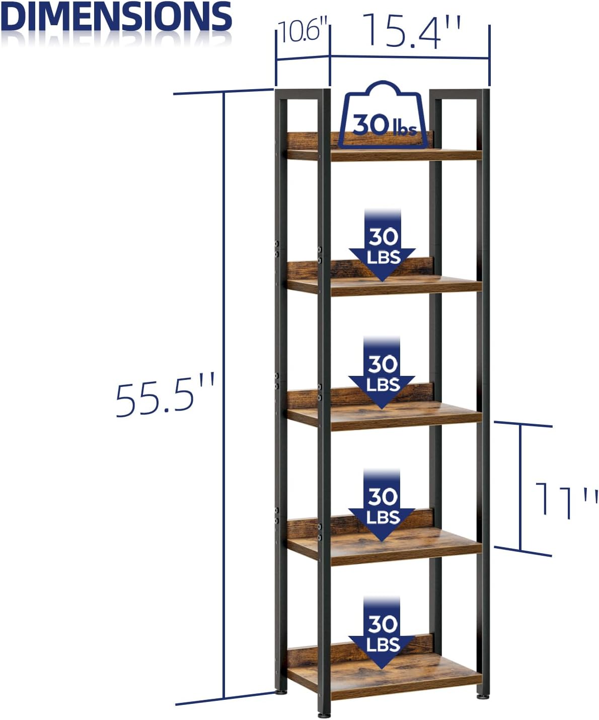 NUMENN Narrow Bookshelf, 5 Tier Bookshelves, Home Office Bookcase Shelf Storage Organizer, Free Standing Storage Shelving Unit for Bedroom, Living Room and Home Office, Vintage