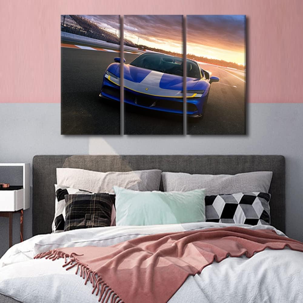Blue Car on the Runway Canvas Wall Art Sports Car on the Track Wall Art for Living Room Sunset Pictures for Bedroom Modern Home Decor Office Bathroom Decoration Artwork Framed Ready to Hang 36"Wx24"H