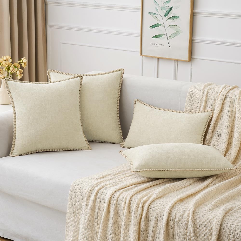 MIULEE Pack of 2 Christmas Pillow Covers 18x18 Inch Cream White Farmhouse Decorative Throw Pillow Covers with Stitched Edge Soft Chenille Solid Dyed Couch Pillow Covers for Sofa Bed Living Room