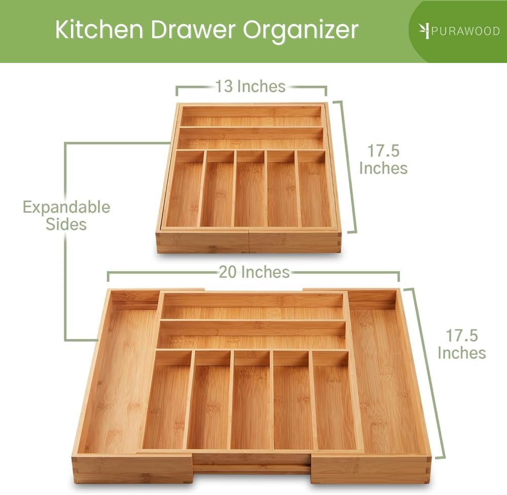 Purawood Bamboo Drawer Organizer - Expandable Silverware Organizer & Utensil Drawer Organizer, Cutlery Tray with Dividers, 7-9 Slots- Kitchen Organizer for Utensils & Flatware (Natural)